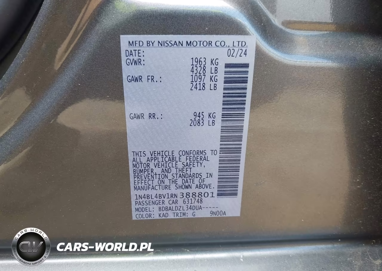 2024 Nissan Altima S Fwd VIN:1N4BL4BV1RN388801 - 9
