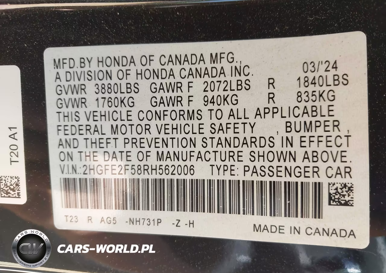 2024 Honda Civic Sport VIN:2HGFE2F58RH562006 - 9