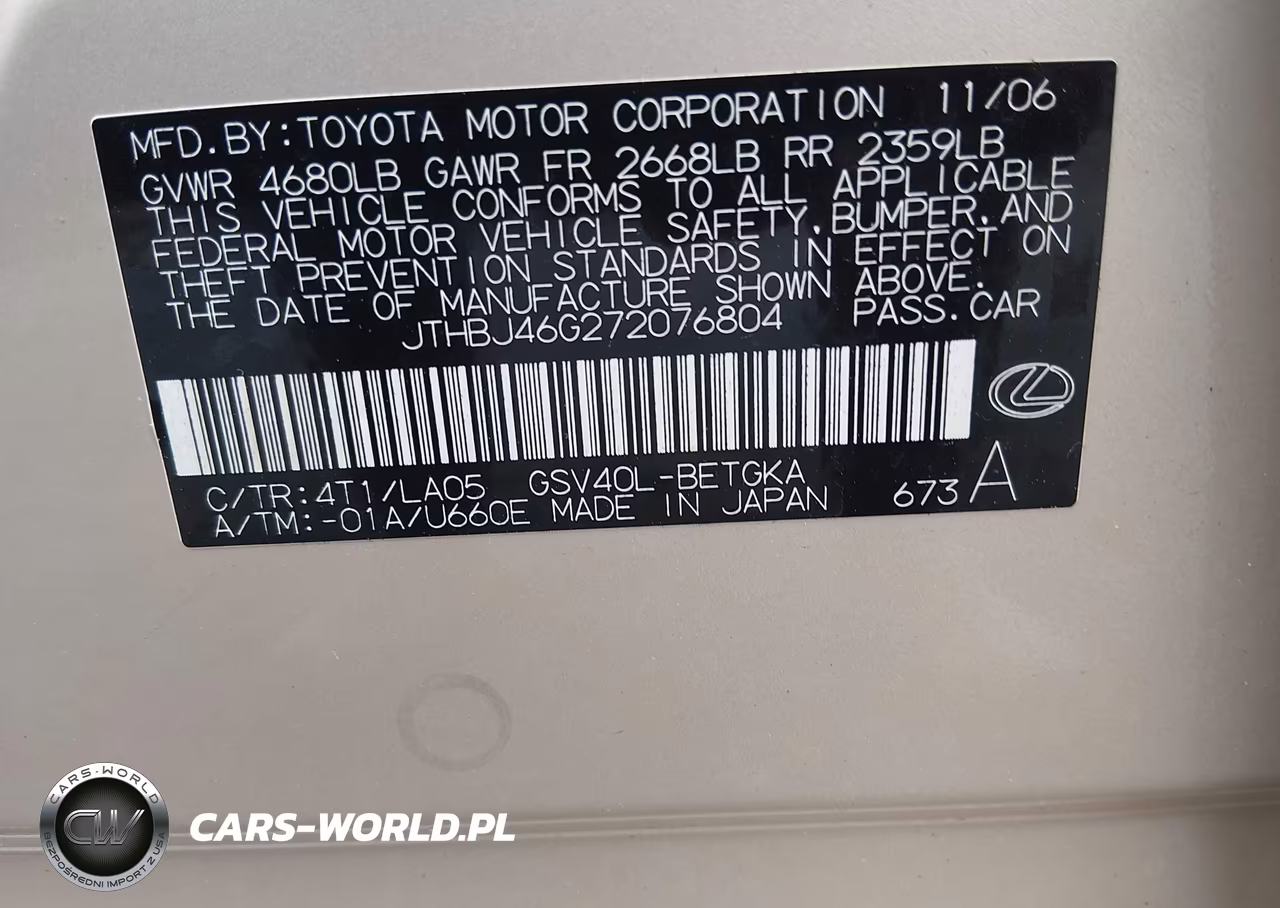 2007 Lexus Es 350 VIN:JTHBJ46G272076804 - 9