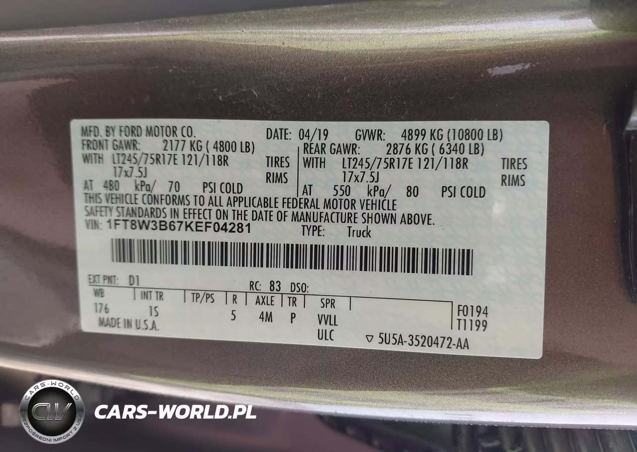 2019 Ford F-350 Xl VIN:1FT8W3B67KEF04281 - 9