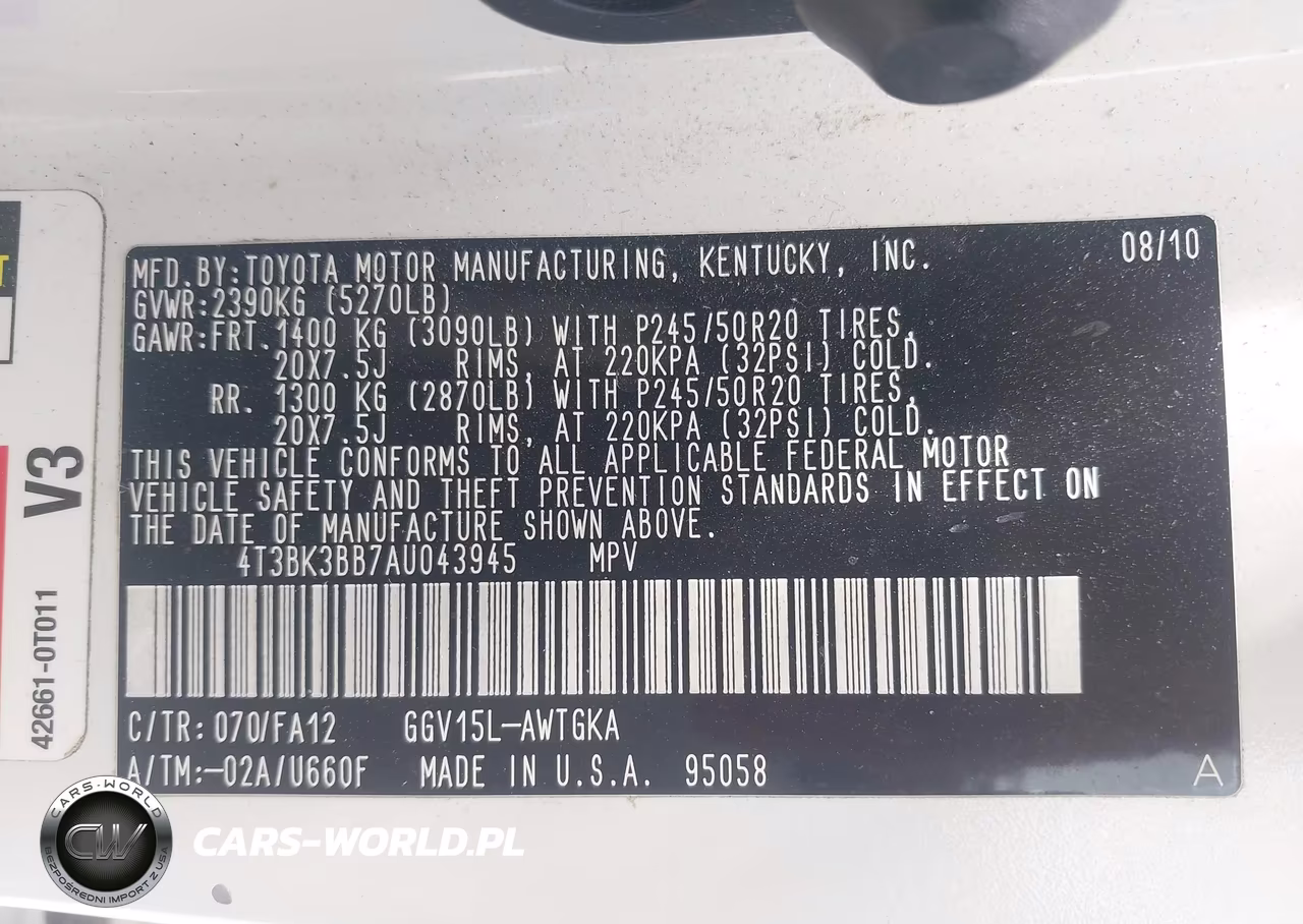 2010 Toyota Venza Base V6 VIN:4T3BK3BB7AU043945 - 9