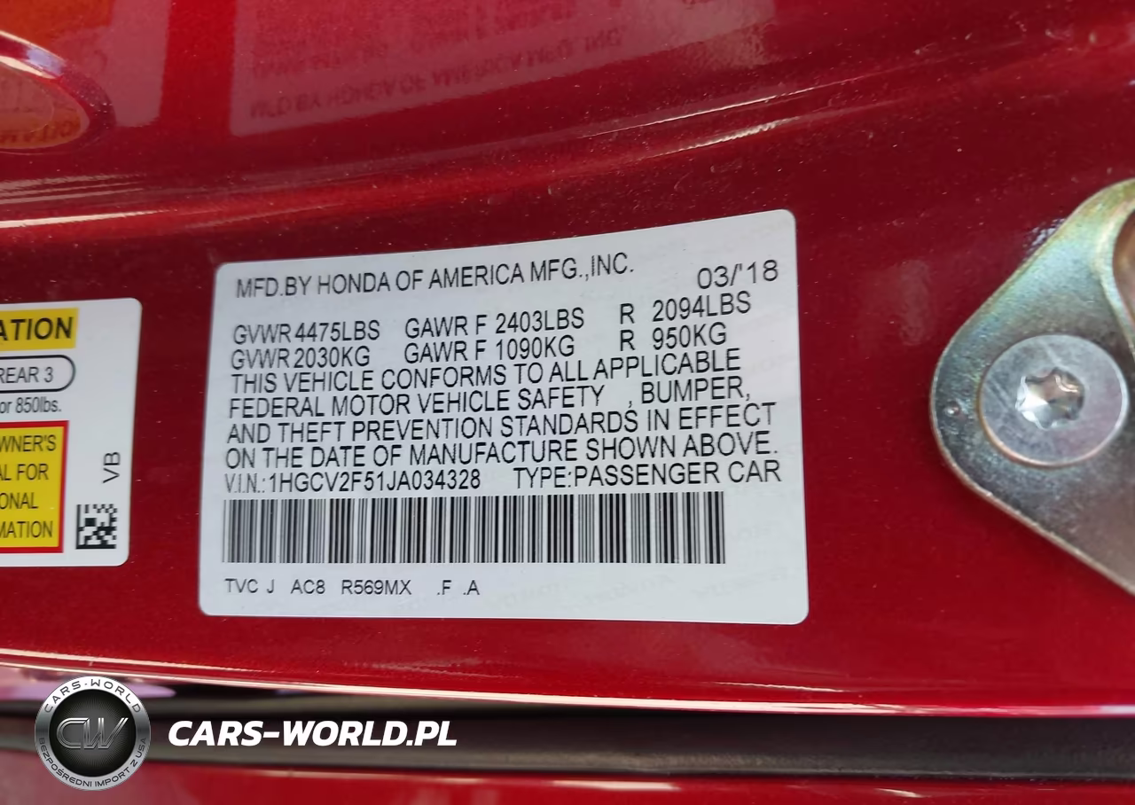 2018 Honda Accord Ex-L 2.0T VIN:1HGCV2F51JA034328 - 9