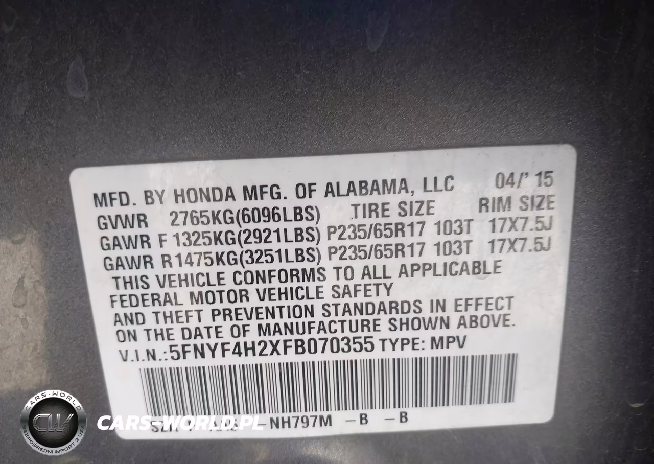 2015 Honda Pilot Lx VIN:5FNYF4H2XFB070355 - 9