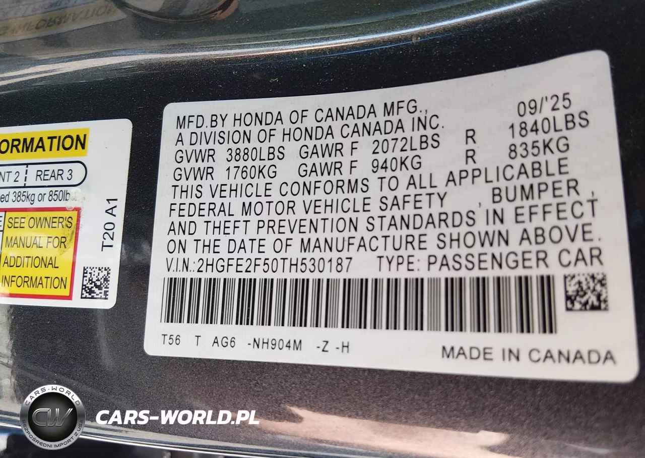2026 Honda Civic Sport VIN:2HGFE2F50TH530187 - 9