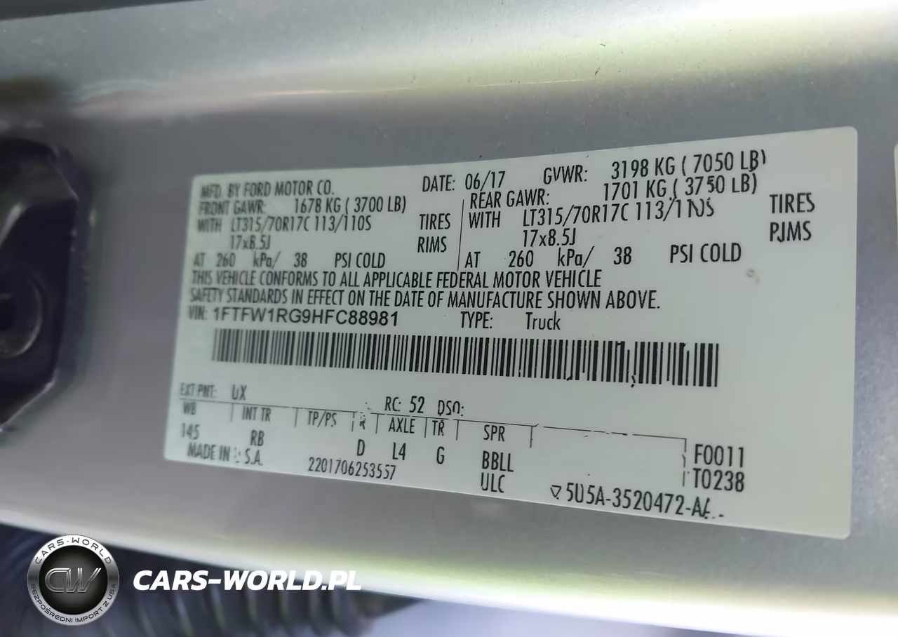 2017 Ford F-150 Raptor VIN:1FTFW1RG9HFC88981 - 9