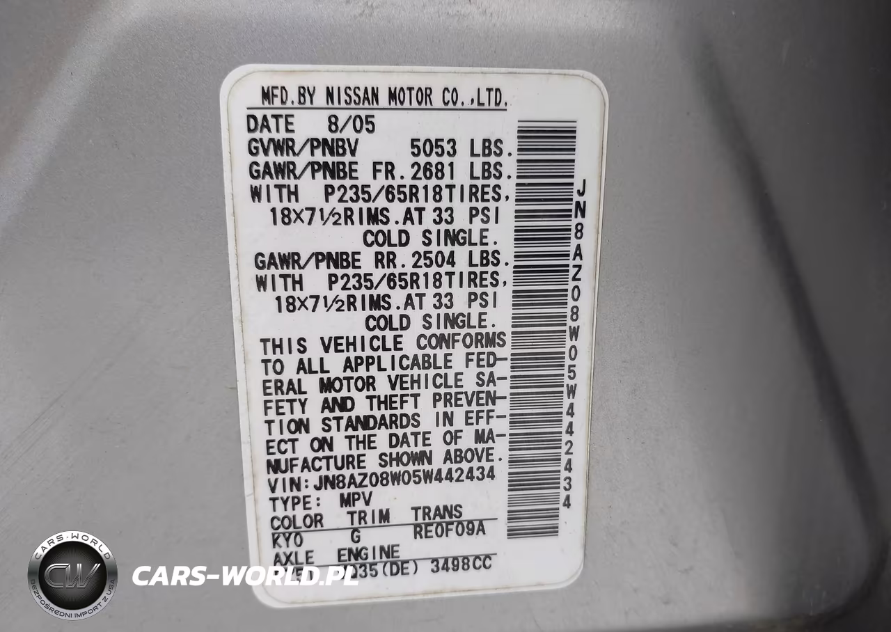 2005 Nissan Murano Sl VIN:JN8AZ08W05W442434 - 9