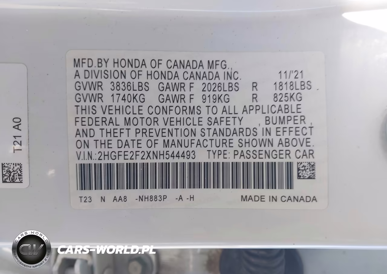 2022 Honda Civic Lx VIN:2HGFE2F2XNH544493 - 9