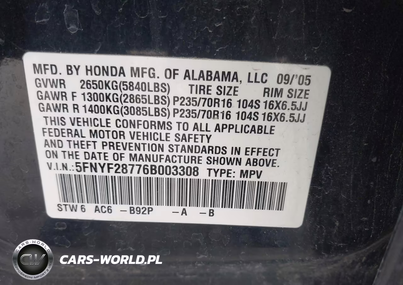2006 Honda Pilot Ex-L VIN:5FNYF28776B003308 - 9