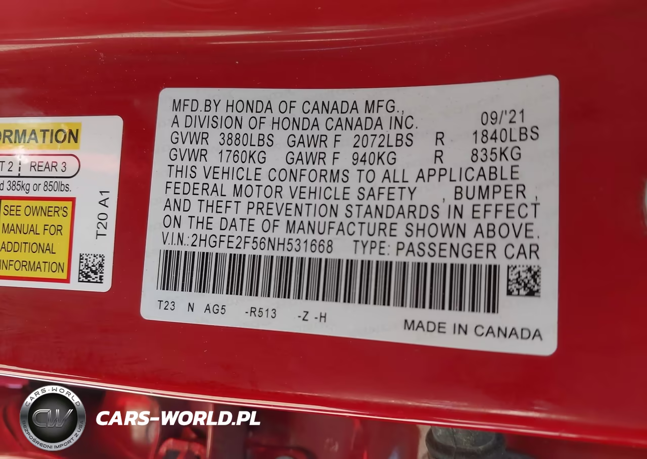2022 Honda Civic Sport VIN:2HGFE2F56NH531668 - 9