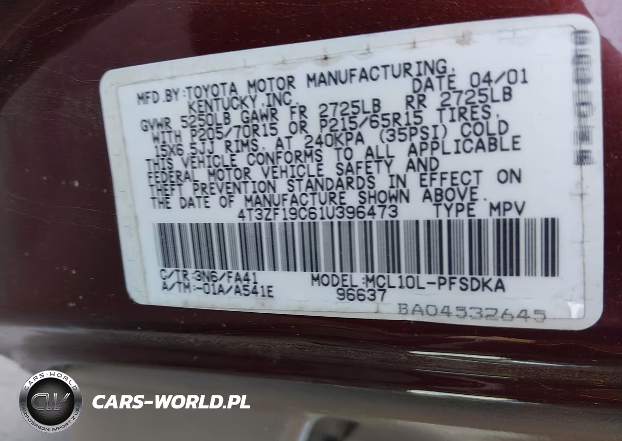 2001 Toyota Sienna Ce VIN:4T3ZF19C61U396473 - 9