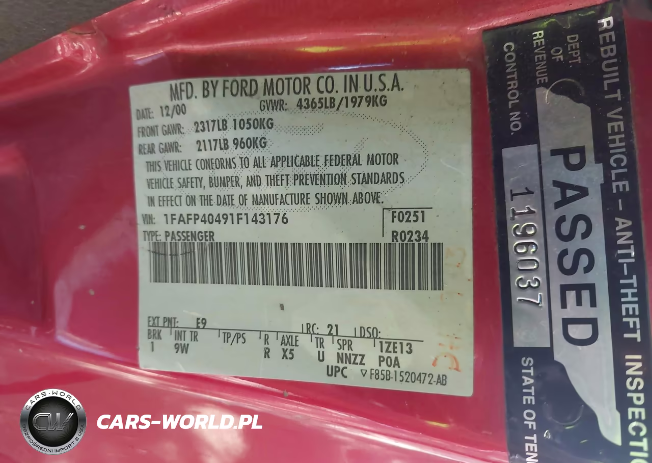 2001 Ford Mustang VIN:1FAFP40491F143176 - 9