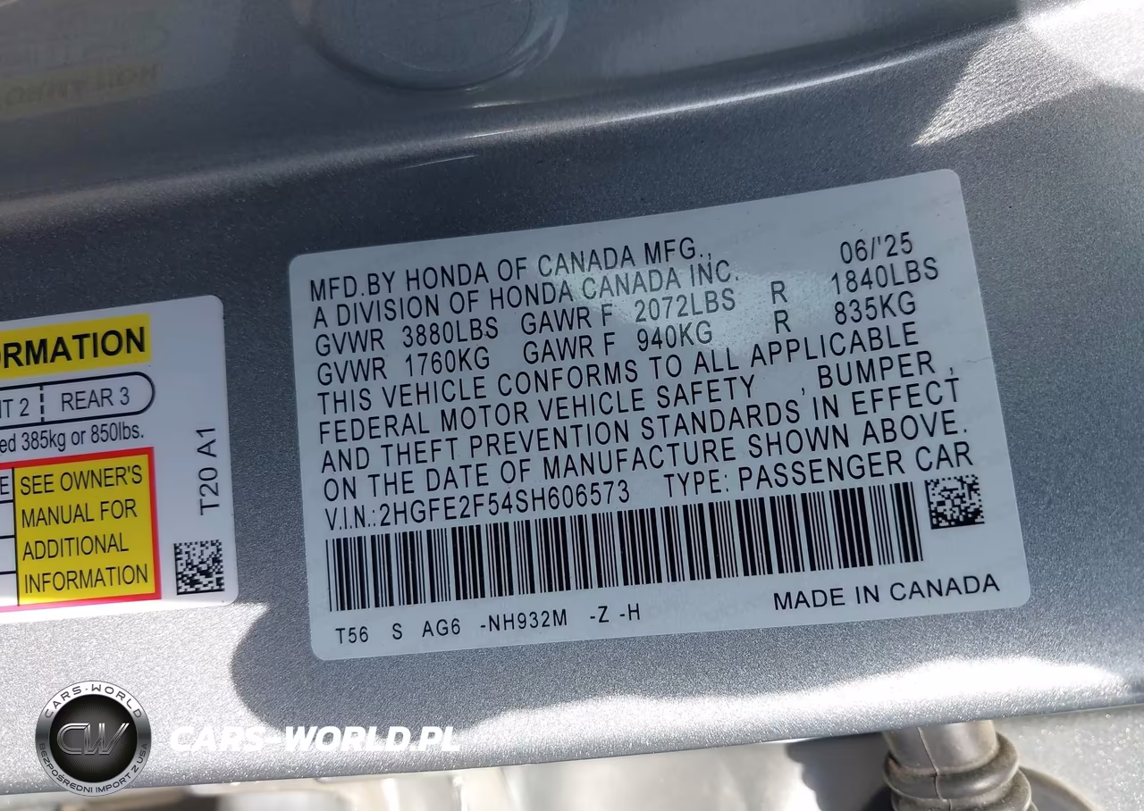 2025 Honda Civic Sport VIN:2HGFE2F54SH606573 - 9