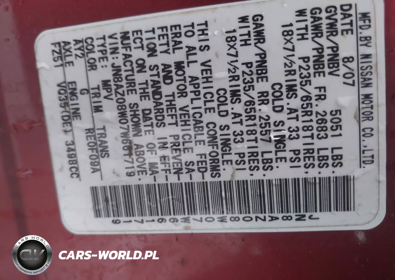 2007 Nissan Murano Sl VIN:JN8AZ08W07W661719 - 9