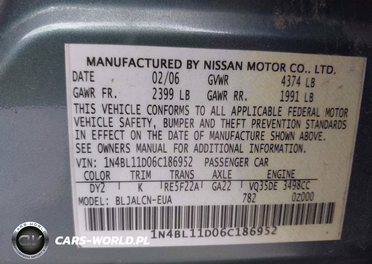 2006 Nissan Altima 3.5 Se VIN:1N4BL11D06C186952 - 9