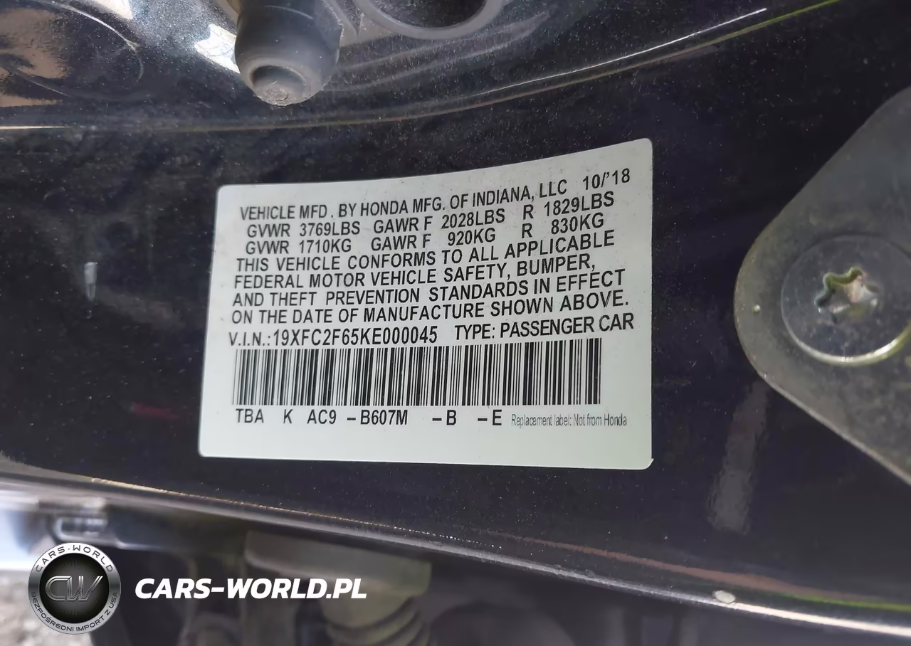 2019 Honda Civic Lx VIN:19XFC2F65KE000045 - 9