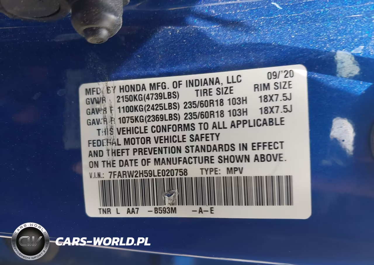 2020 Honda Cr-V Awd Ex VIN:7FARW2H59LE020758 - 9