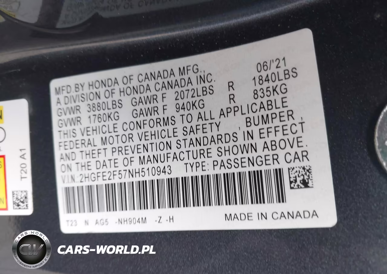 2022 Honda Civic Sport VIN:2HGFE2F57NH510943 - 9