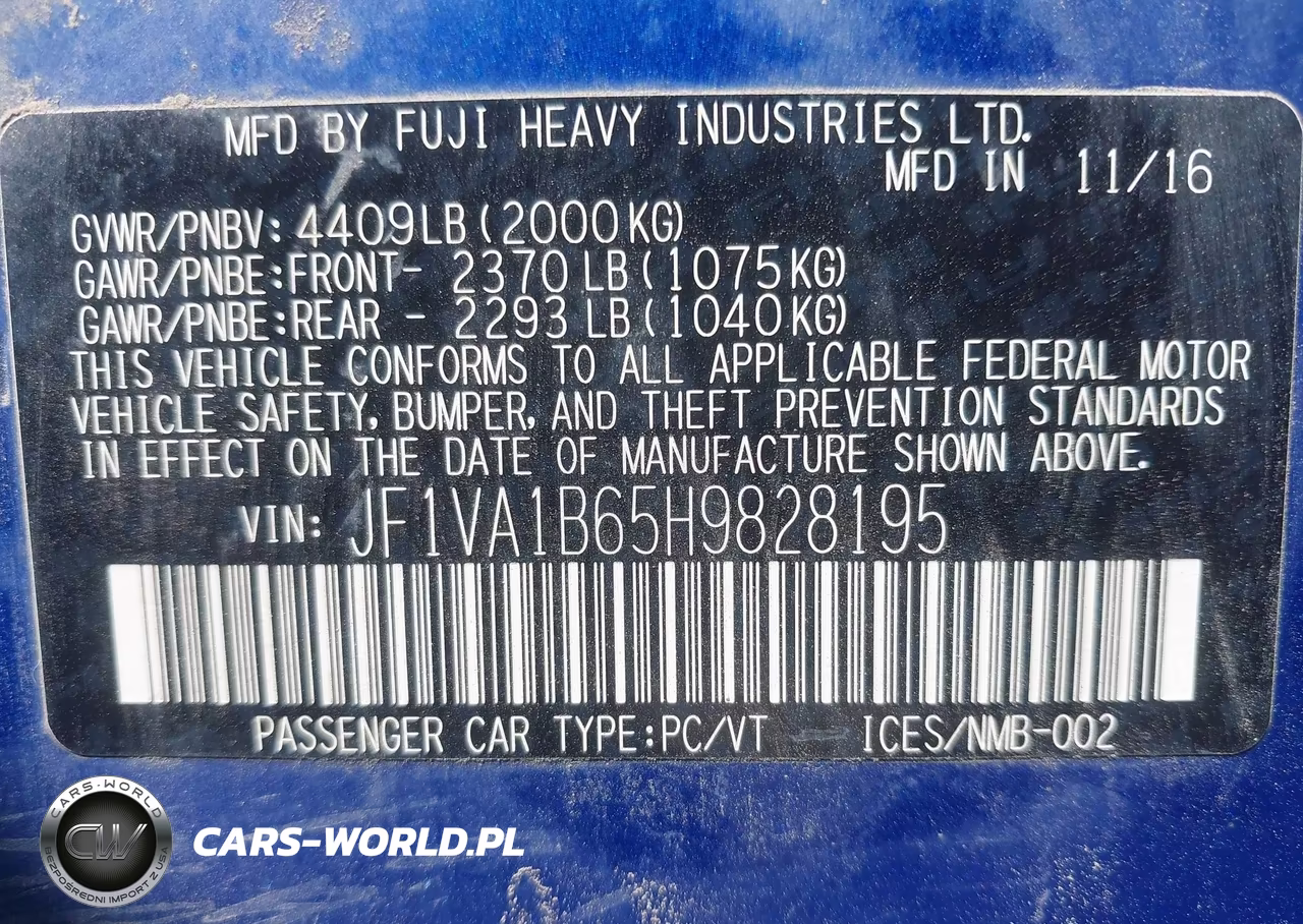 2017 Subaru Wrx VIN:JF1VA1B65H9828195 - 9