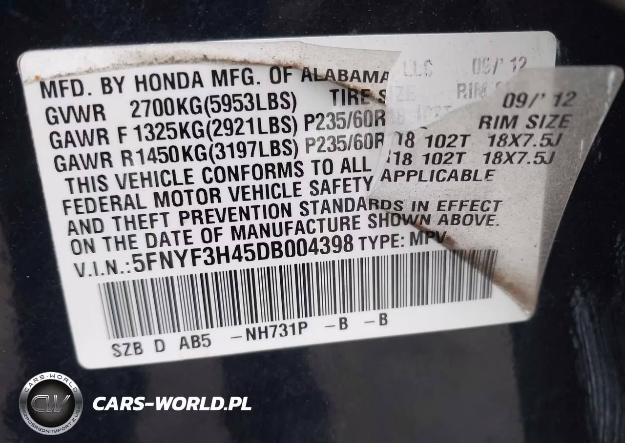 2013 Honda Pilot Ex VIN:5FNYF3H45DB004398 - 9