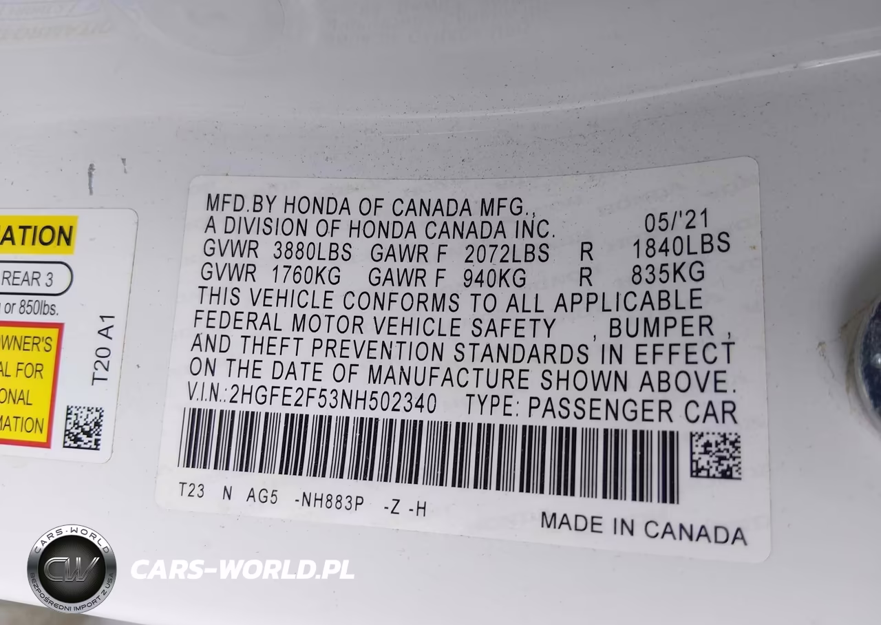 2022 Honda Civic Sport VIN:2HGFE2F53NH502340 - 9