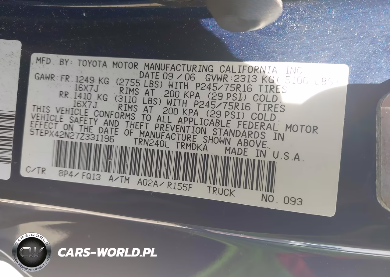 2007 Toyota Tacoma VIN:5TEPX42N27Z331196 - 9