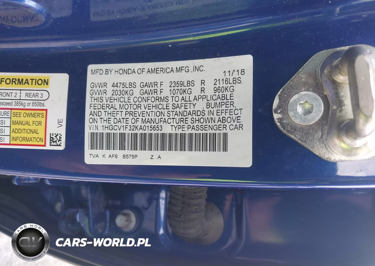2019 Honda Accord Sport VIN:1HGCV1F32KA015653 - 9