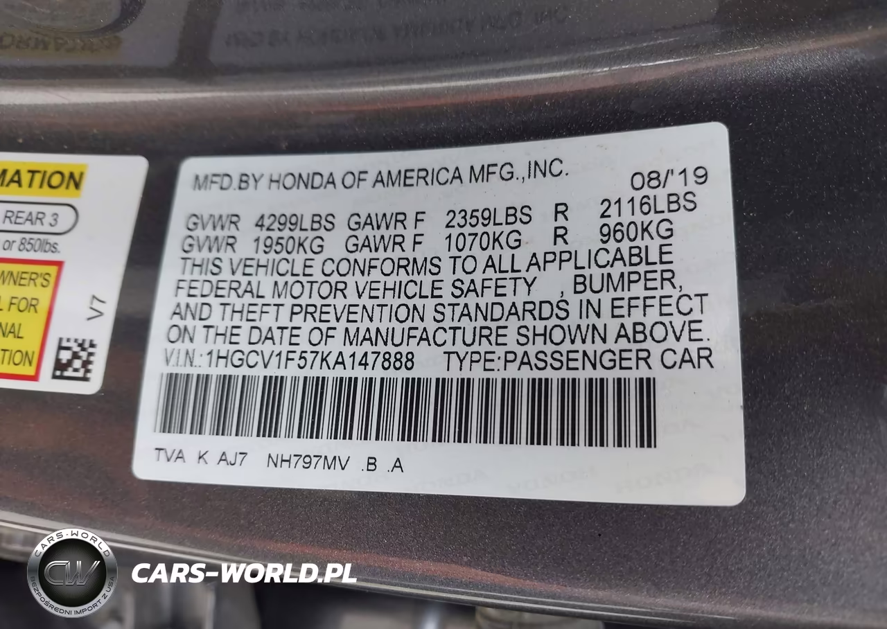 2019 Honda Accord Ex-L 1.5T VIN:1HGCV1F57KA147888 - 9