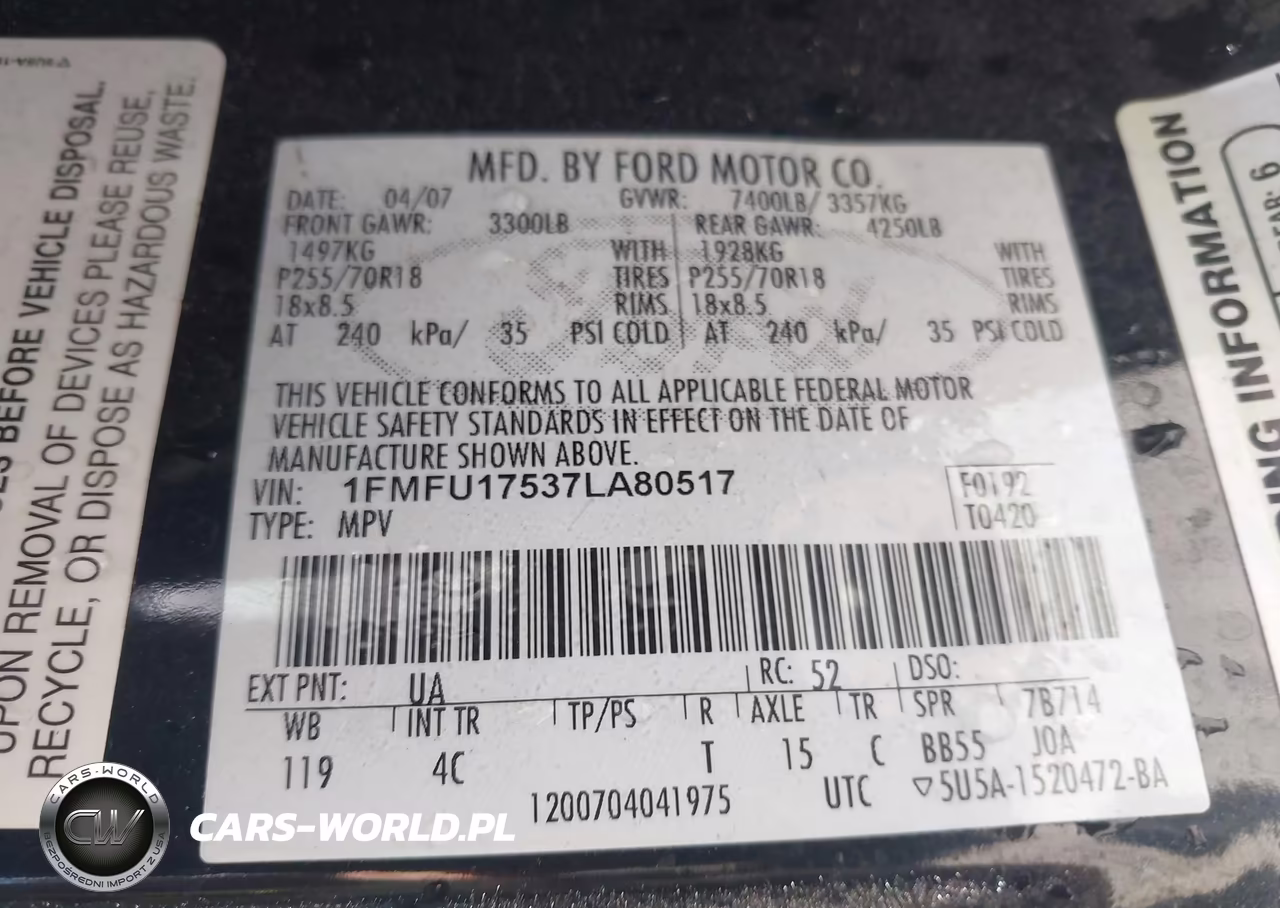 2007 Ford Expedition Eddie Bauer VIN:1FMFU17537LA80517 - 9