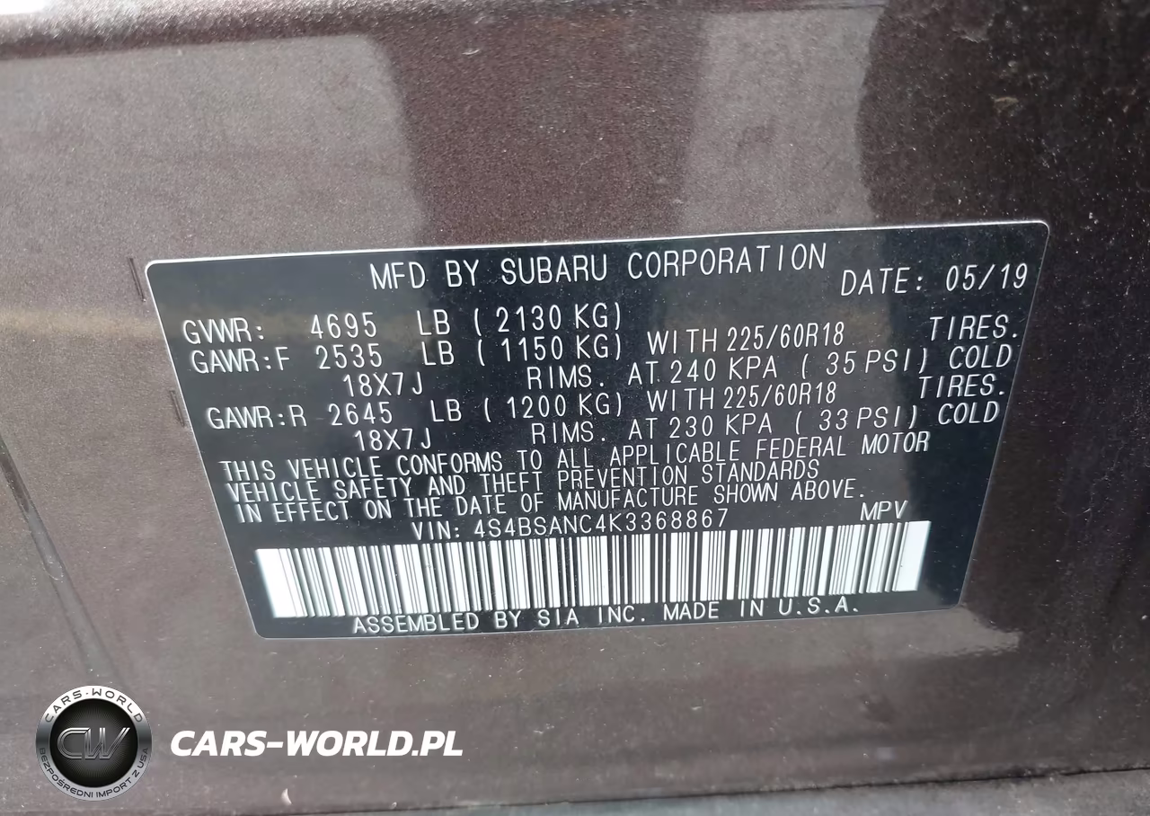 2019 Subaru Outback 2.5I Limited VIN:4S4BSANC4K3368867 - 9