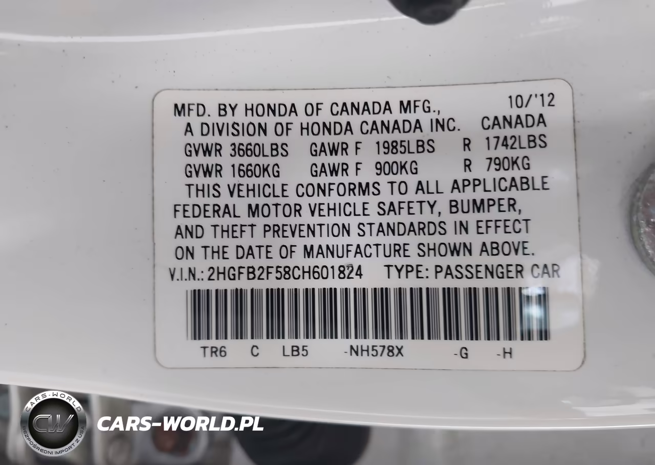2012 Honda Civic Lx VIN:2HGFB2F58CH601824 - 9