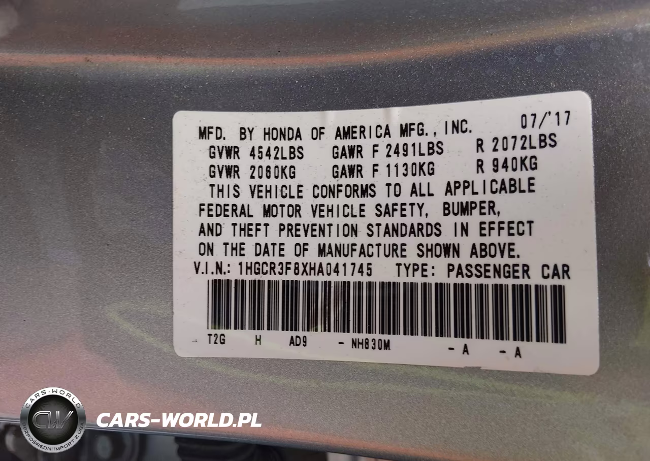 2017 Honda Accord Ex-L V6 VIN:1HGCR3F8XHA041745 - 9