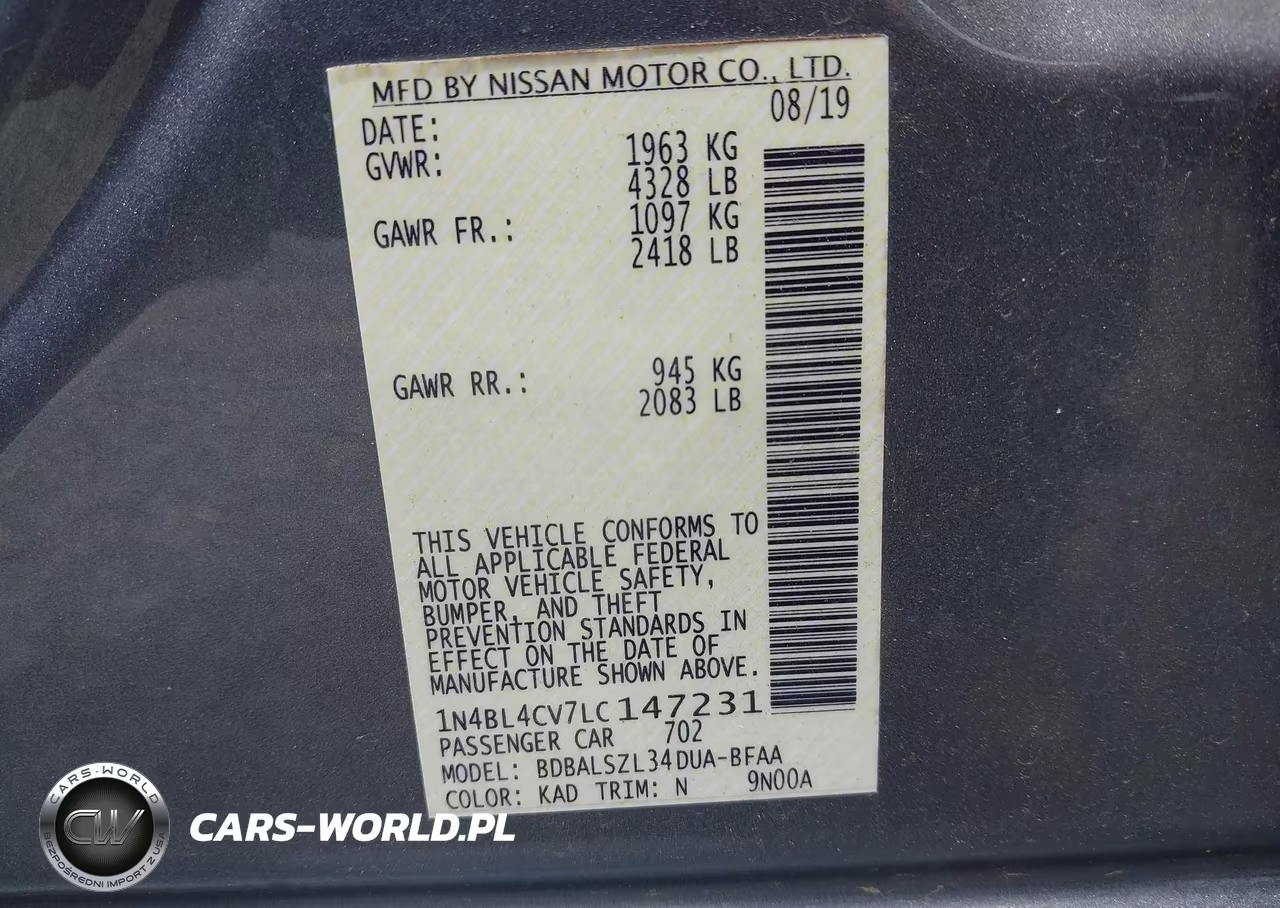 2020 Nissan Altima Sr Fwd VIN:1N4BL4CV7LC147231 - 9