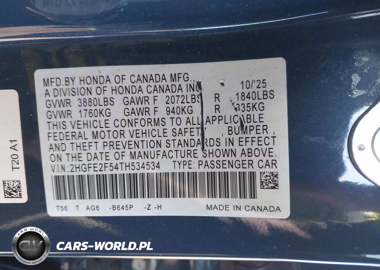 2026 Honda Civic Sport VIN:2HGFE2F54TH534534 - 9