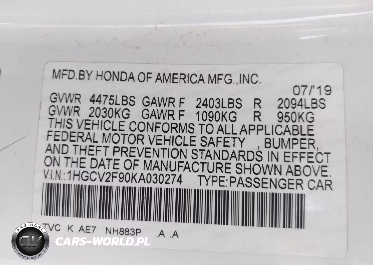 2019 Honda Accord Touring 2.0T VIN:1HGCV2F90KA030274 - 9