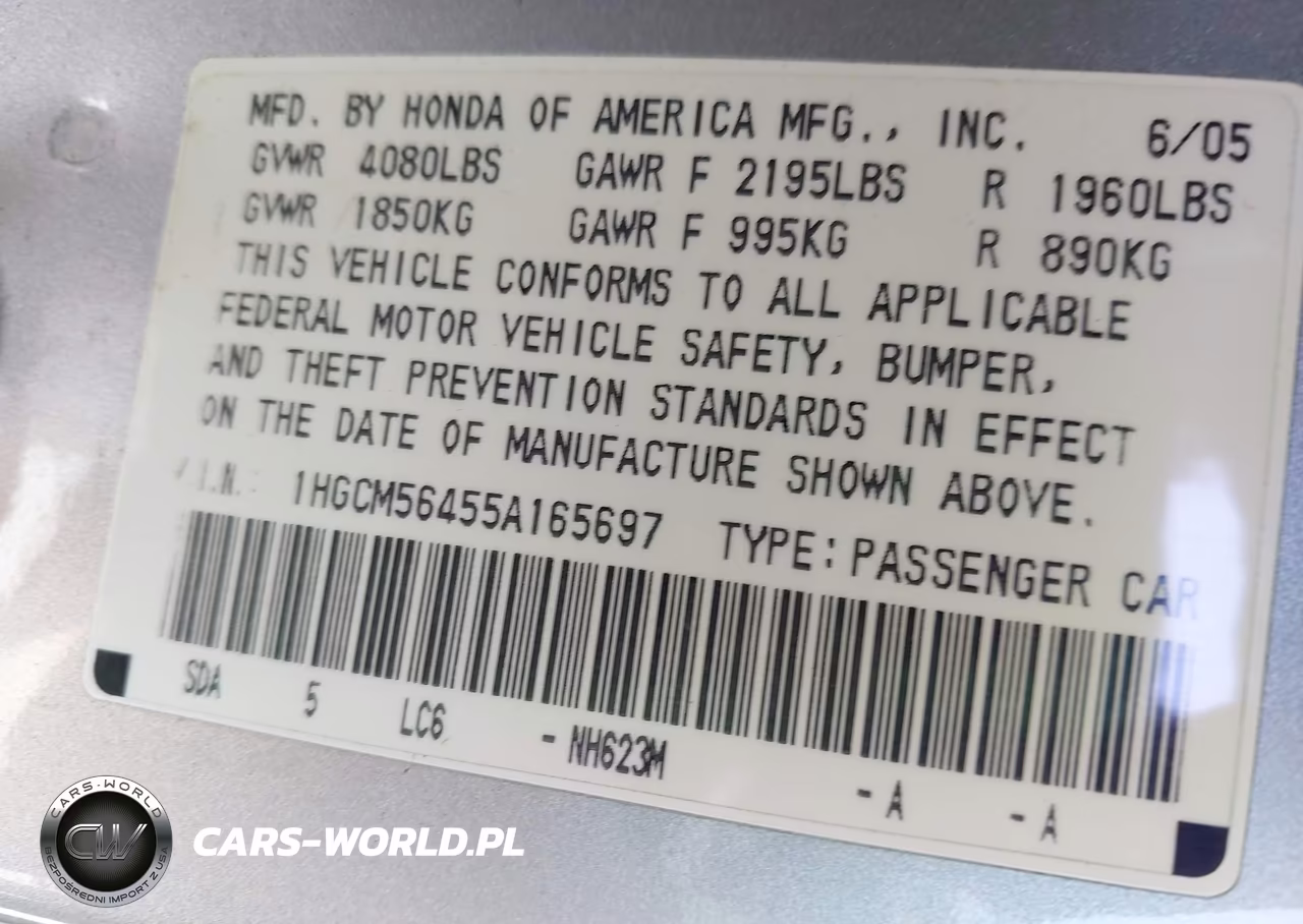 2005 Honda Accord 2.4 Lx VIN:1HGCM56455A165697 - 9