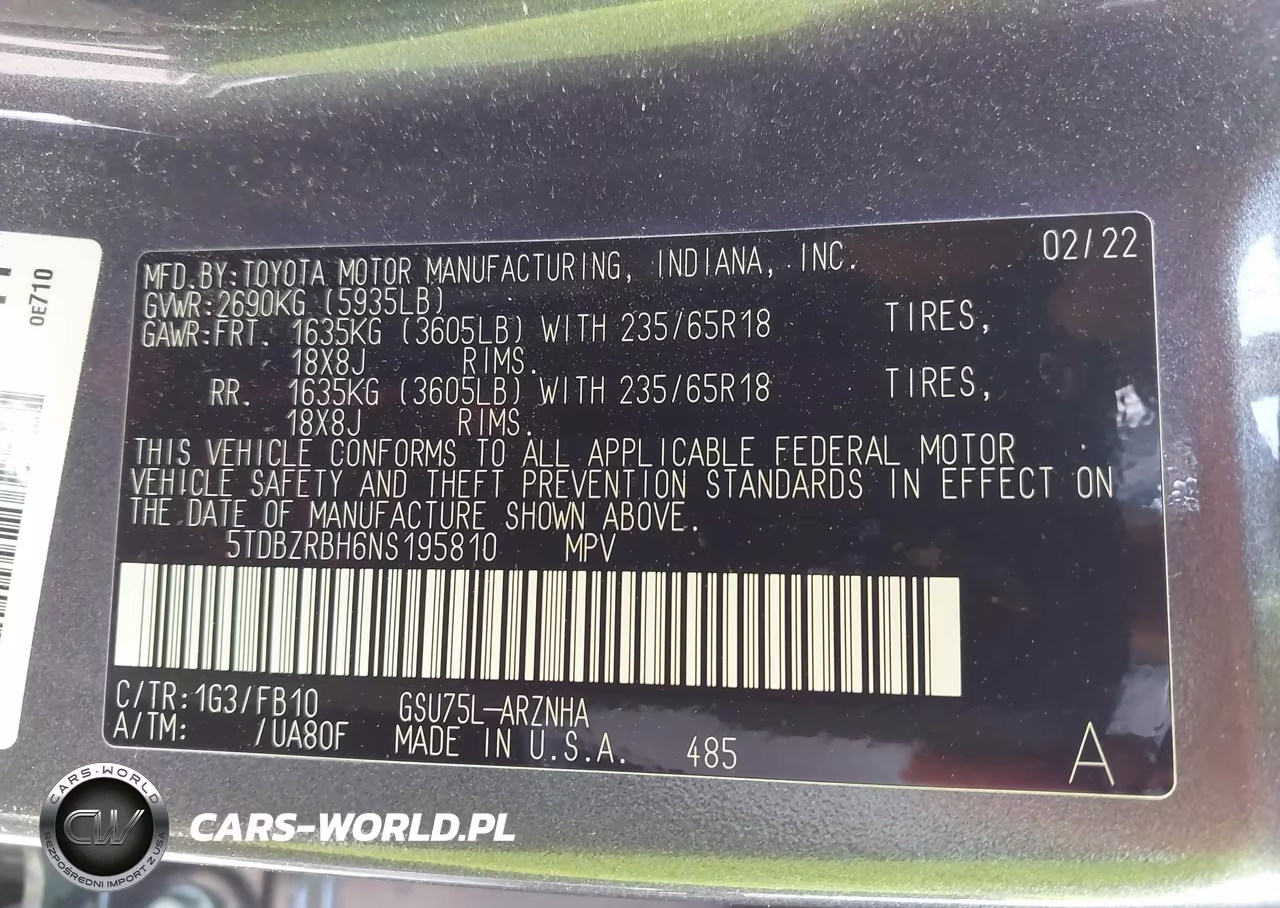 2022 Toyota Highlander Le VIN:5TDBZRBH6NS195810 - 9