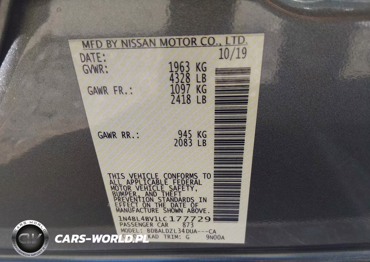 2020 Nissan Altima S Fwd VIN:1N4BL4BV1LC177729 - 9