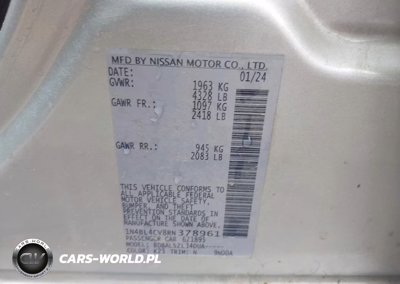 2024 Nissan Altima Sr Fwd VIN:1N4BL4CV8RN378961 - 9