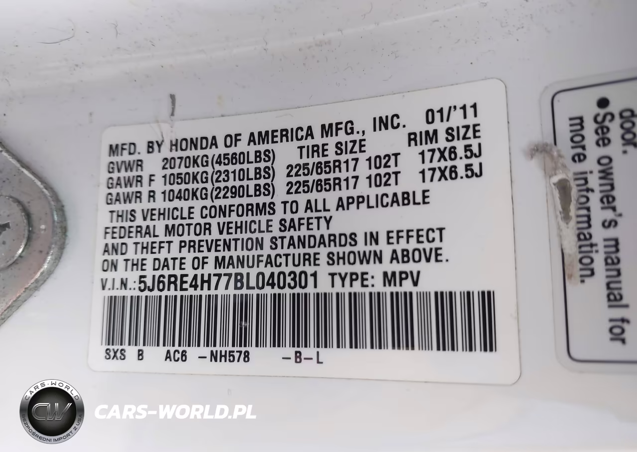 2011 Honda Cr-V Ex-L VIN:5J6RE4H77BL040301 - 9