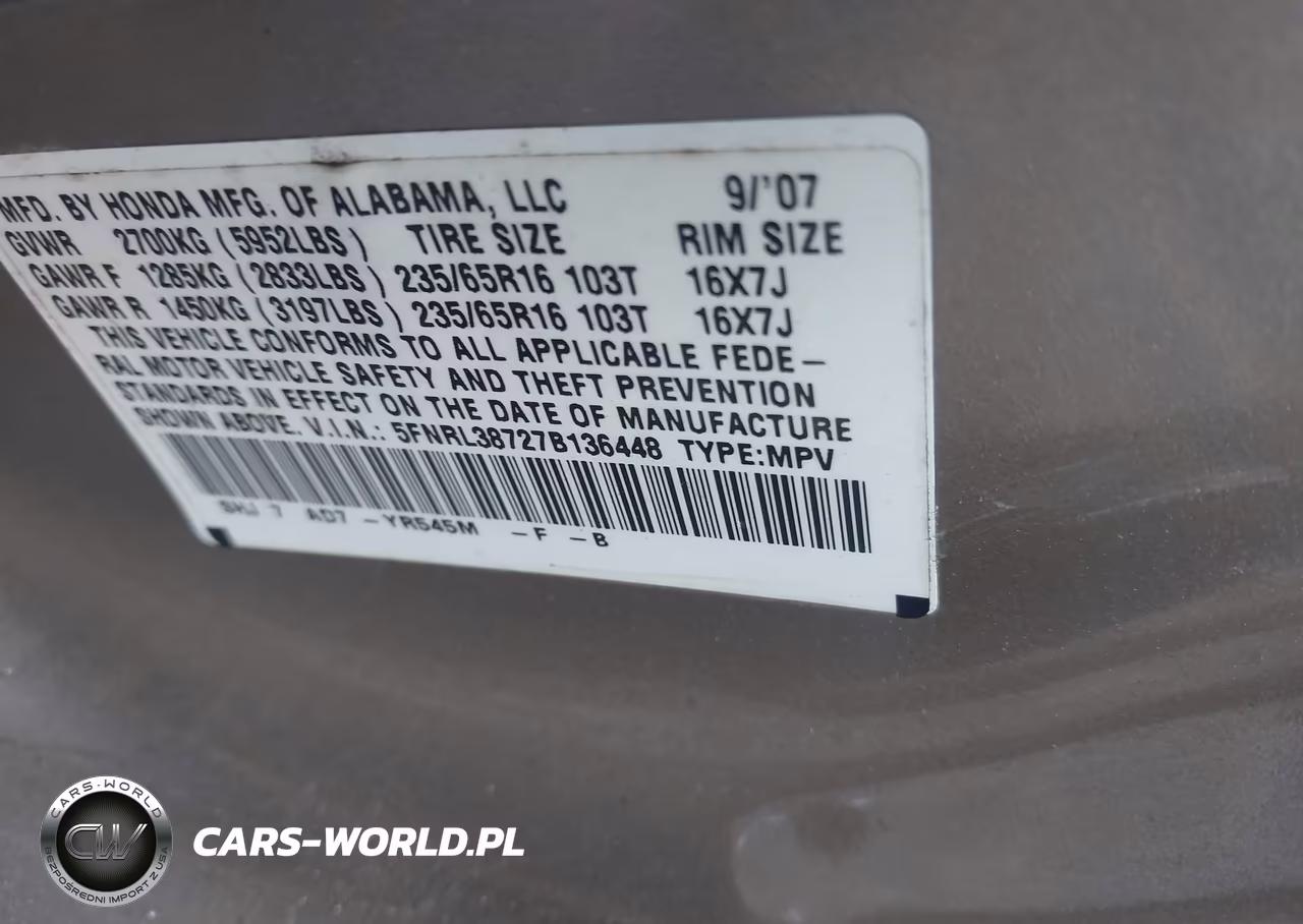 2007 Honda Odyssey Ex-L VIN:5FNRL38727B136448 - 9