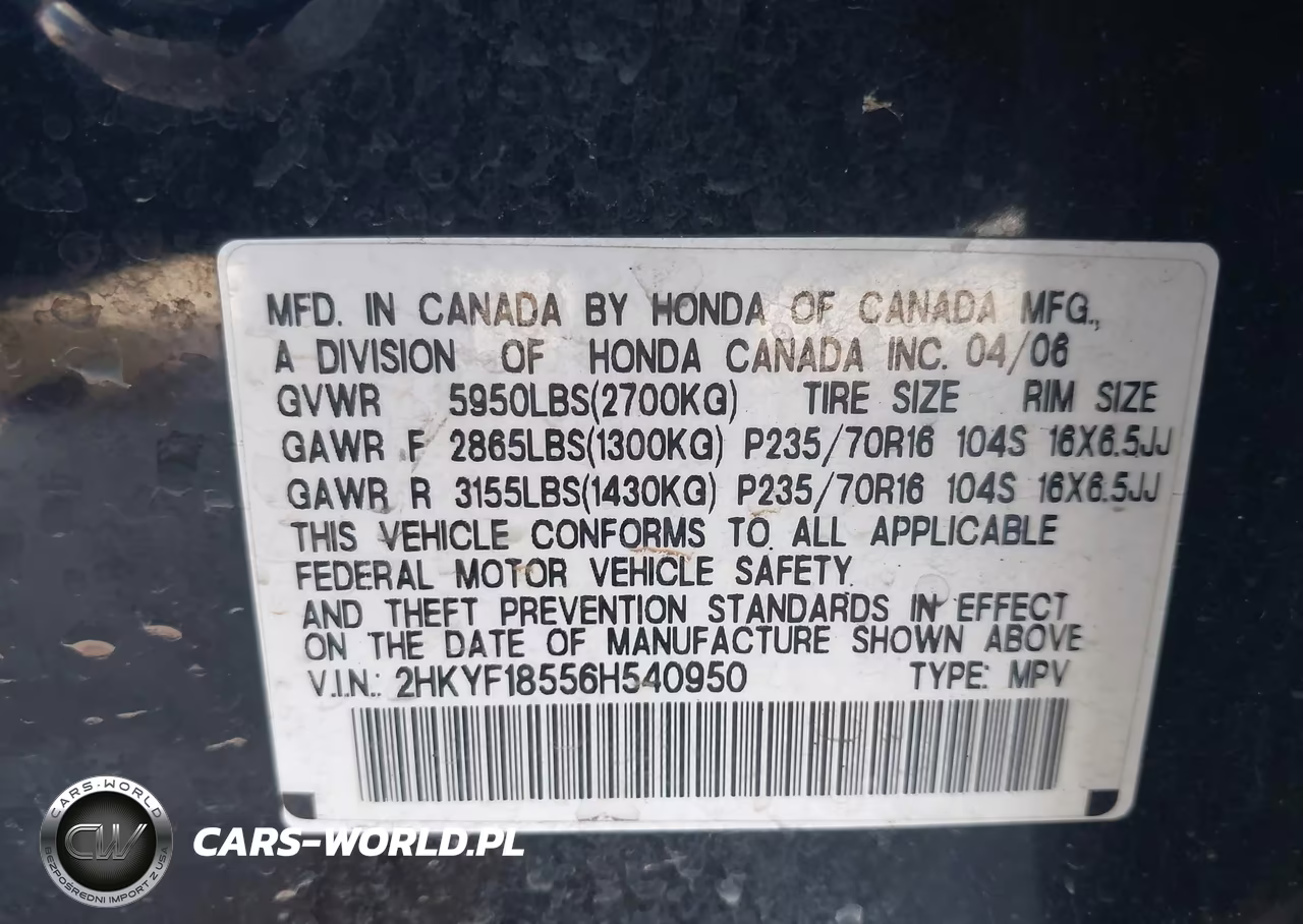 2006 Honda Pilot Ex-L VIN:2HKYF18556H540950 - 9