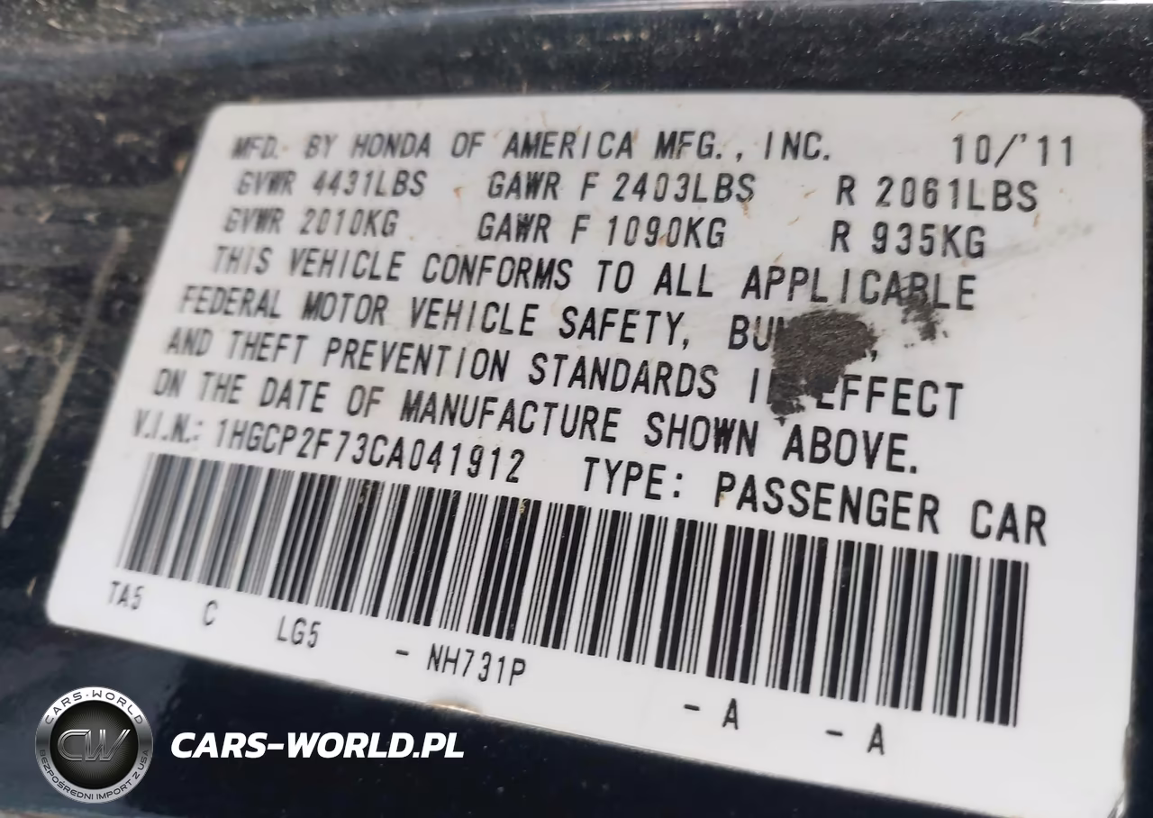 2012 HONDA ACCORD 2.4 EX VIN:1HGCP2F73CA041912 - 9