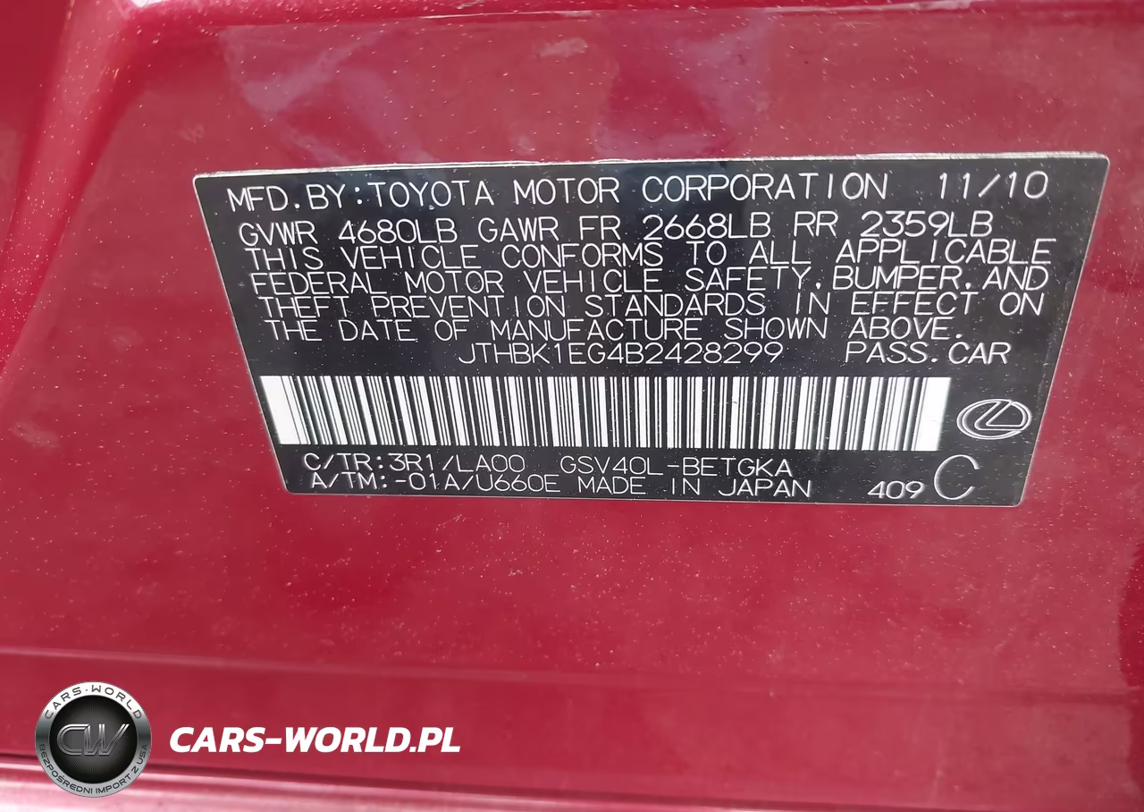 2011 Lexus Es 350 VIN:JTHBK1EG4B2428299 - 9