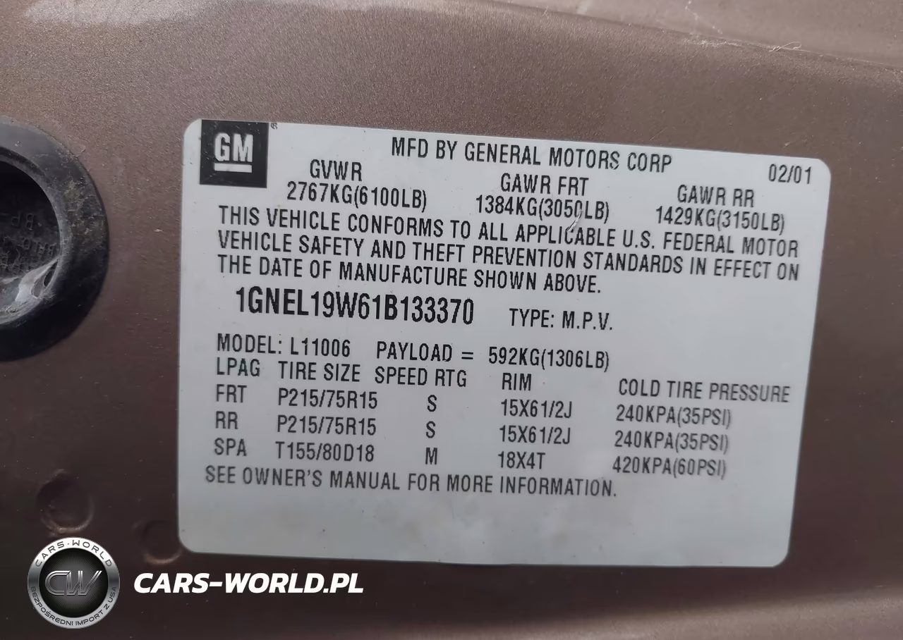 2001 Chevrolet Astro Ls VIN:1GNEL19W61B133370 - 9