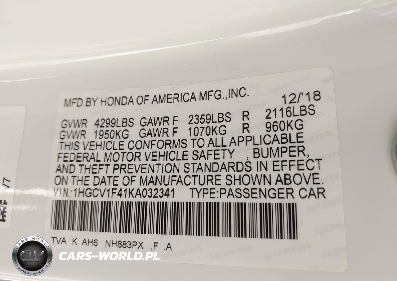 2019 Honda Accord Ex VIN:1HGCV1F41KA032341 - 9