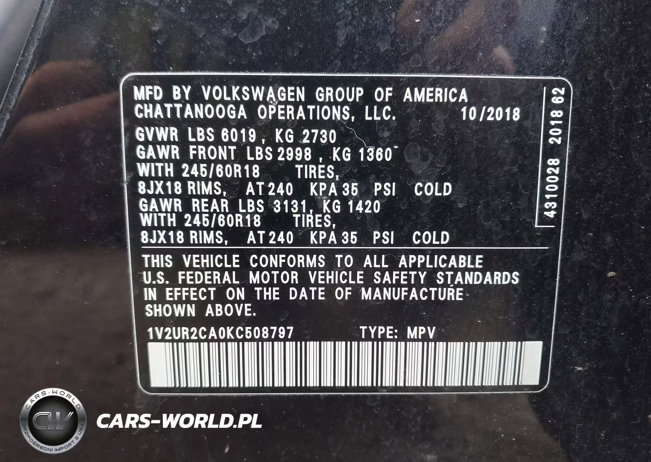 2019 Volkswagen Atlas 3.6L V6 Se W-Technology VIN:1V2UR2CA0KC508797 - 9