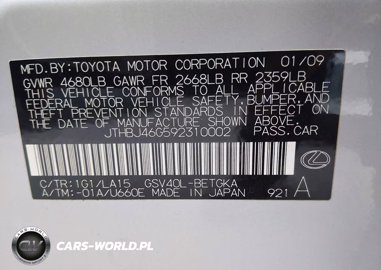 2009 Lexus Es 350 VIN:JTHBJ46G592310002 - 9