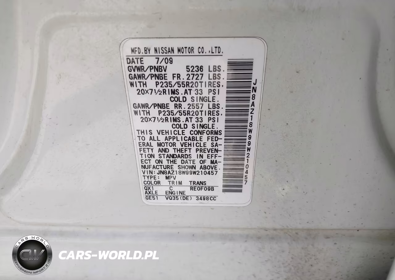 2009 Nissan Murano Le VIN:JN8AZ18W99W210457 - 9