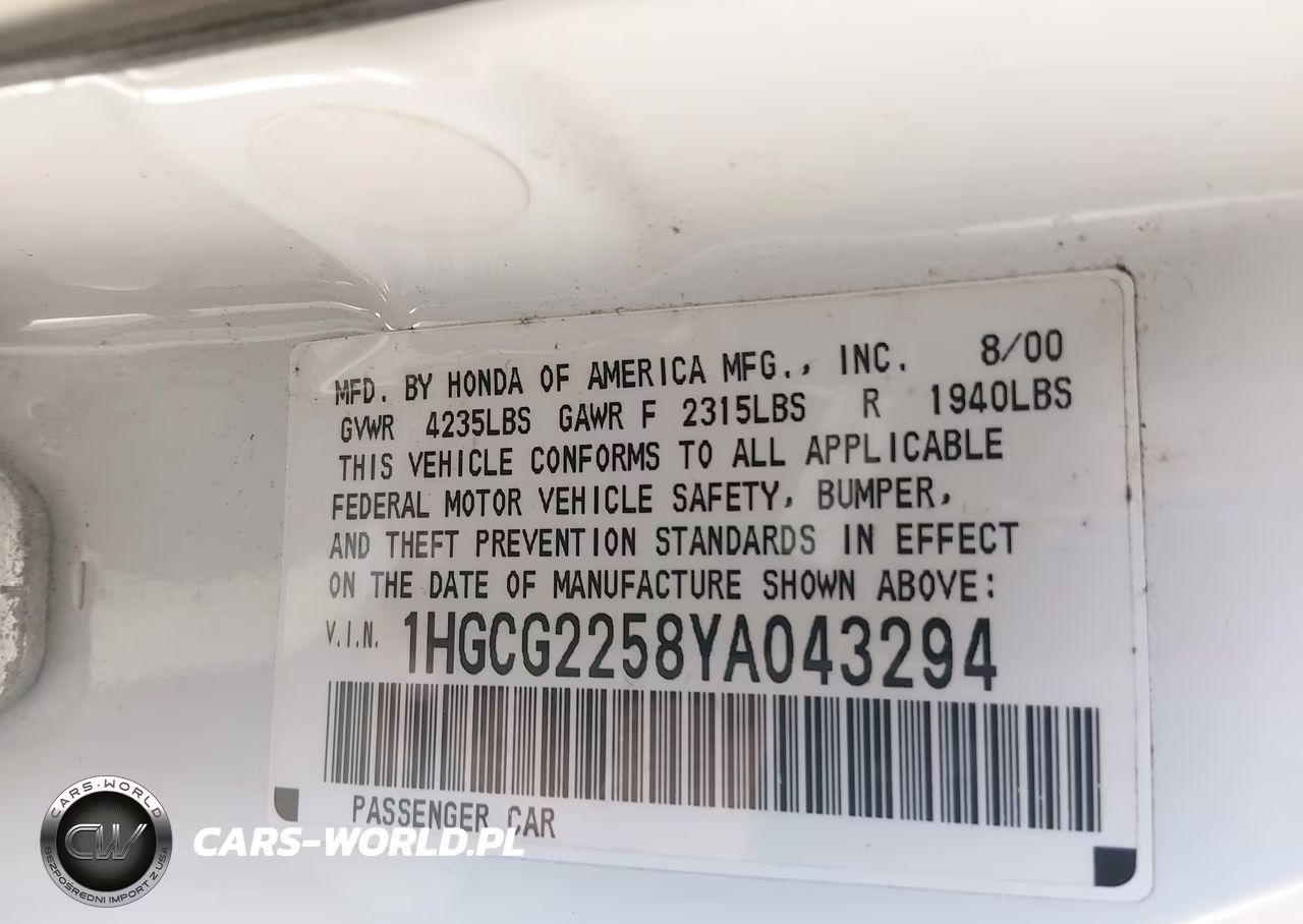 2000 Honda Accord 3.0 Ex VIN:1HGCG2258YA043294 - 9