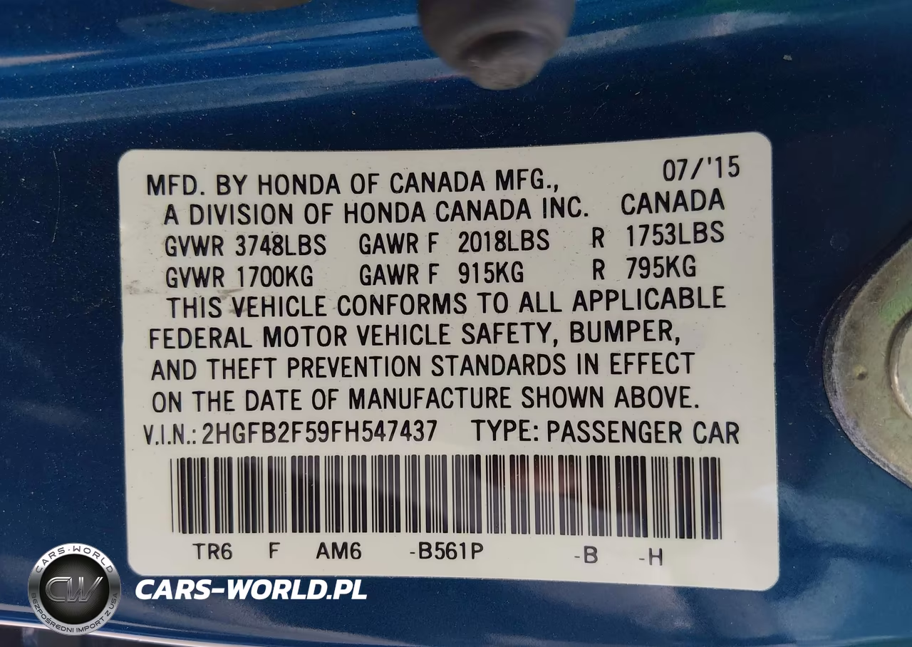 2015 Honda Civic Lx VIN:2HGFB2F59FH547437 - 9